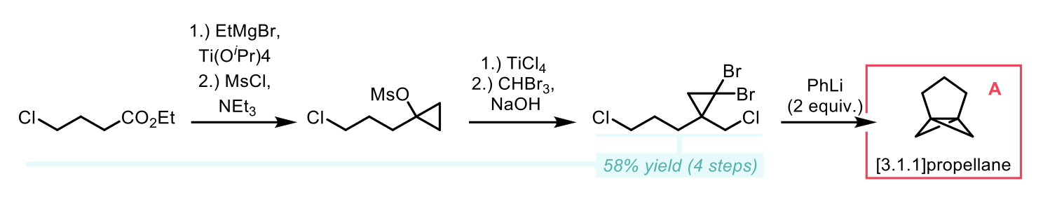 Kulinkovich cyclopropanation of ethyl 4-chlorobutyrate, mesylation of alcohol, cyclopropyl-allyl chlorinative rearrangement, dibromocyclopropanation to cyclopropane intermediate, treatment with phenyllithium.