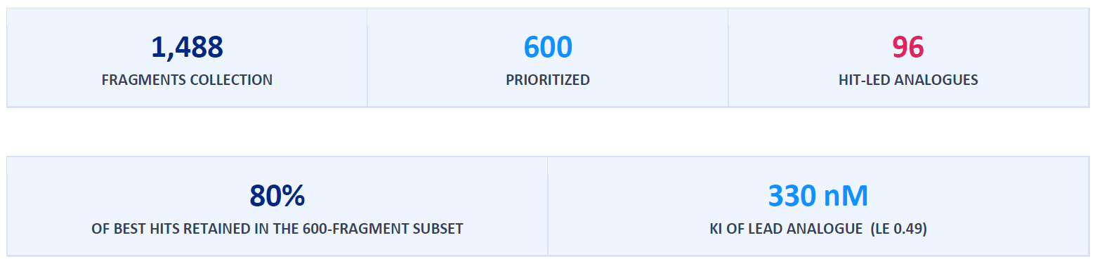 Key results: 600/1488 fragments prioritised, with 96 lead analogues. Lead molecule KI: 330 nm, LE: 0.49; 80% of best hits retained in 600 fragment subset