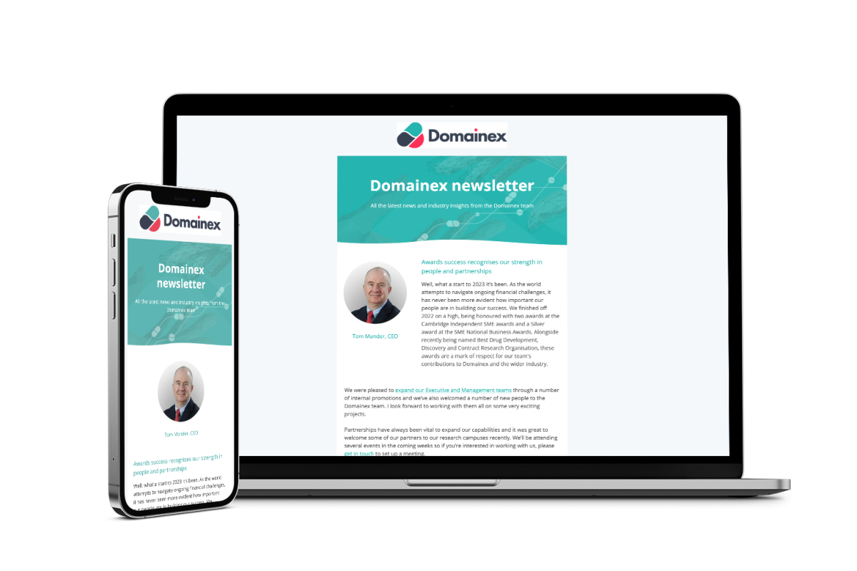 Mockup showing the Domainex Newsletter on mobile and laptop
