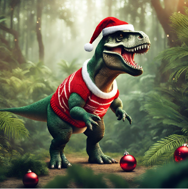 AI generated image of a T-Rex wearing a christmas jumper and a santa hat.